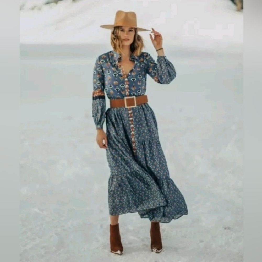 Free People Women's L Blue Papillion Button Down Maxi Dress Boho Unlined